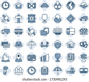 Blue tint and shade editable vector line icon set - signpost vector, navigation, earth, railroad, store, plane, satellite, cash, support, client, truck trailer, cargo container, car delivery, clock