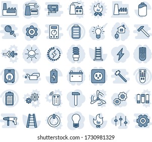 Blue tint and shade editable vector line icon set - bulb vector, factory, ladder, fire, remote control, speaker, battery, charge, settings, home, socket, energy saving, alarm led, gear, idea, work