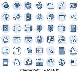 Blue tint and shade editable vector line icon set - fence vector, barrier, safe, lock, vip zone, insurance, passport, identity, card, hose, shield, flammable, chain, protect, sd, face id, stamp, app