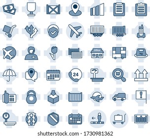 Blue tint and shade editable vector line icon set - plane vector, baggage trolley, travolator, route, pin, important flag, store, cash, traffic light, office phone, 24 hours, support, truck trailer
