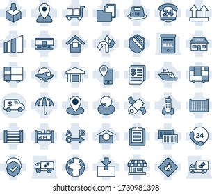 Blue tint and shade editable vector line icon set - route vector, navigation, earth, pin, store, plane, satellite, office phone, 24 hours, support, mobile tracking, sea shipping, cargo container