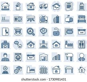 Blue tint and shade editable vector line icon set - house vector, contract, pool, sun panel, water supply, fruit tree, warehouse, rent, rooms, sold signboard, office building, client search, lock