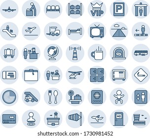 Blue tint and shade editable vector line icon set - antenna vector, departure, suitcase, airport bus, parking, hot cup, spoon and fork, passport control, security gate, elevator, escalator, tv, vip