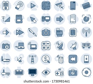 Blue tint and shade editable vector line icon set - antenna vector, wireless notebook, camera, satellite, connect, right arrow, calculator, bench, barcode, touch screen, monitor, rewind, phone back