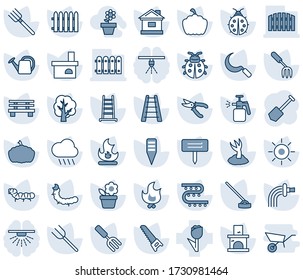 Blue tint and shade editable vector line icon set - job vector, flower in pot, garden fork, farm, fence, ladder, tree, watering can, sproute, pruner, saw, lady bug, fire, house, sun, rain, hoe