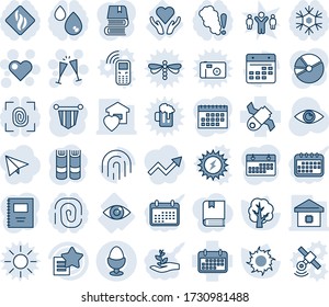 Blue tint and shade editable vector line icon set - heart vector, wine glasses, book, pennant, tree, sun, eye, care, satellite, term, favorites list, calendar, fingerprint id, copybook, pie graph