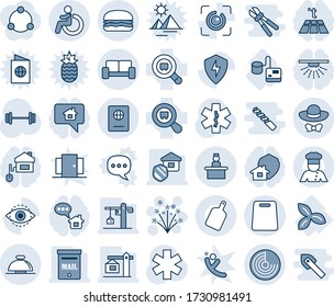 Blue tint and shade editable vector line icon set - reception bell vector, disabled, vip waiting area, recieptionist, passport, radar, firework, ambulance star, barbell, tonometer, three leafs, cook