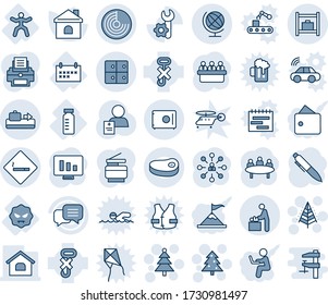 Blue tint and shade editable vector line icon set - baggage conveyor vector, smoking area sign, baby room, globe, radar, christmas tree, hierarchy, pen, meeting, statistic monitor, house, patient