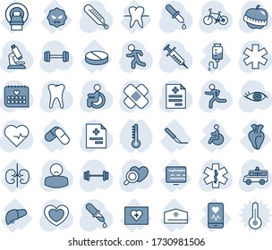 Tinta azul y sombra editable conjunto de íconos de línea vector - vector cardíaco, pulso, diagnóstico, jeringa, cuentagotas, termómetro, diagnóstico, microscopio, parche, estrella de ambulancia, coche, barbell, bicicleta, correr, discapacitado