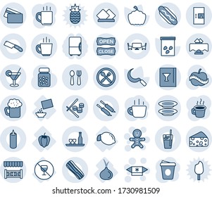 Blue tint and shade editable vector line icon set - spoon and fork vector, coffee machine, cake man, candy, sickle, pumpkin, seeds, pills bottle, diet, lemon, no alcohol sign, sweet pepper, onion