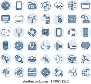 Blue tint and shade editable vector line icon set - antenna vector, satellite, phone, bow message, mobile, speaking man, office, microphone, radio, speaker, remote control, network, cell, mail, hdmi