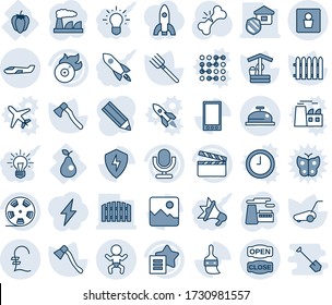 Blue tint and shade editable vector line icon set - baby vector, male wc, small plane, factory, farm fork, fence, lawn mower, well, axe, broken bone, sweet pepper, pear, clapboard, reel, flame disk