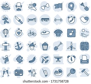 Blue tint and shade editable vector line icon set - airport bus vector, bed, plane, suitcase, phone alarm, wine glasses, christmas deer hat, job, shovel, garden light, run, broken bone, barbell, key