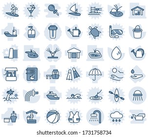 Blue tint and shade editable vector line icon set - shower vector, watering can, bucket, water drop, well, pond, hand, liquid soap, sea shipping, port, umbrella, warehouse, irrigation, heater, drink