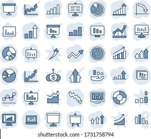 Blue tint and shade editable vector line icon set - growth statistic vector, presentation board, crisis graph, monitor, circle chart, statistics, report, account, bar, pie, point, arrow up, arrows