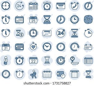Blue tint and shade editable vector line icon set - 24 around vector, alarm clock, flight table, hours, phone, schedule, 25 dec calendar, 31, stopwatch heart, heavy scales, account history, manager