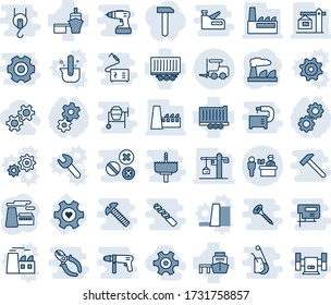 Blue tint and shade editable vector line icon set - passport control vector, fork loader, factory, heart gear, truck trailer, sea port, crane, work, water power plant, casting of steel, wrench, tool