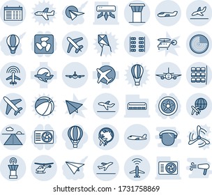 Blue tint and shade editable vector line icon set - plane vector, airport tower, radar, departure, helicopter, seat map, globe, runway, arrival, small, seats, schedule, air conditioner, fan, paper