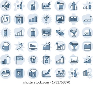 Blue tint and shade editable vector line icon set - security gate vector, wine, growth statistic, monitor, pull ups, statistics, barcode, equalizer, bar graph, alcohol, card, drink, cocktail, phyto