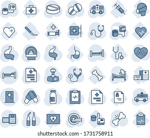Tinta azul y sombra editable conjunto de íconos vectoriales - vector cama, cuarto de primeros auxilios, pulso cardíaco, diagnóstico, estetoscopio, presión arterial, píldoras, ampolla, tomografía, vehículo ambulante, hospital, estómago, kit