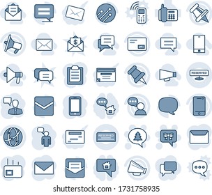 Blue tint and shade editable vector line icon set - bow message vector, merry christmas, mobile phone, speaking man, mail, office, loudspeaker, network, cell, speaker, paper pin, clipboard, reserved