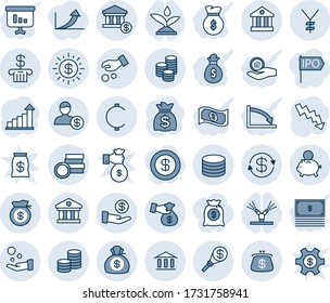 Blue tint and shade editable vector line icon set - growth statistic vector, money bag, crisis graph, yen, cent, coin, dollar exchange, sun, bank, account, piggy, investment, cash pay, encashment