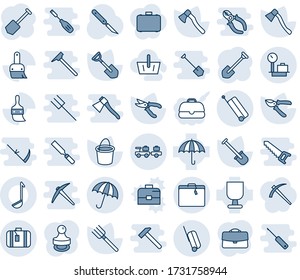 Blue tint and shade editable vector line icon set - suitcase vector, umbrella, baggage larry, scales, job, shovel, farm fork, bucket, pruner, axe, scalpel, fragile, themes, case, stamp, ladle, saw