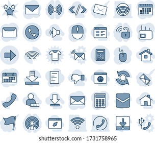 Blue tint and shade editable vector line icon set - phone vector, right arrow, mail, mouse, call, download, wireless, update, calculator, calendar, home, website, cursor browser, globe, low volume