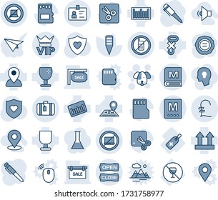 Tinta azul y sombra editable conjunto de iconos de línea vector - sin vector móvil, laptop, vip, maleta, signo de computadora, identidad, perro, pluma, sello, etiqueta de planta, escudo cardíaco, médico, alcohol, navegación, gancho