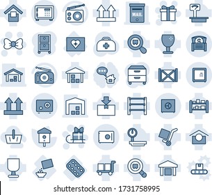 Blue tint and shade editable vector line icon set - safe vector, gift, bow, sleigh, bird house, doctor case, first aid kit, pills blister, cereal, container, fragile, cargo, warehouse storage, rack