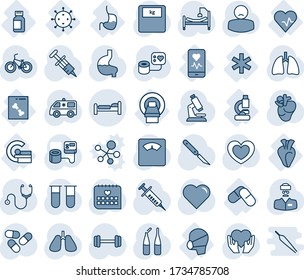 Blauer Farbton und Farbton der bearbeitbaren Vektorgrafiken - Bettüberträger, Herz, Stethoskop, Spritze, Blutdruck, Testdurchstechflasche, Mikroskop, Waage, Tabletten, Ampulle, Skalpell, Krankenwagen, Grill, Fahrrad, Labor