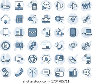 Blue tint and shade editable vector line icon set - antenna vector, no mobile, notebook connect, bow message, merry christmas, team, microphone, speaker, cell phone, dialog, radio, mail, call, sim