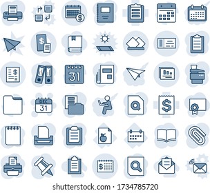 Blue tint and shade editable vector line icon set - ticket vector, 31 dec calendar, book, office binder, document search, notepad, drawing pin, printer, diet list, schedule, receipt, clipboard, news