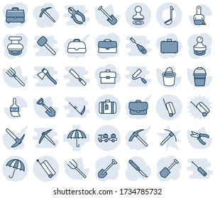 Blue tint and shade editable vector line icon set - suitcase vector, umbrella, stamp, baggage larry, job, shovel, farm fork, bucket, pruner, scalpel, themes, case, ladle, hard work, portfolio, rasp