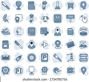 Blue tint and shade editable vector line icon set - parking vector, suitcase, dog, pen, stamp, plant label, first aid room, medical, navigation, pin, fragile, no hook, barcode, sd, cut, sertificate