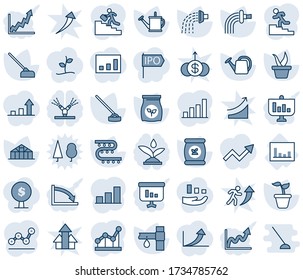 Blue tint and shade editable vector line icon set - seedling vector, watering can, hoe, greenhouse, fertilizer, drip irrigation, statistics, bar graph, point, career ladder, growth, crisis, arrow