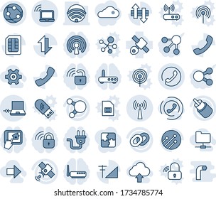 Blue tint and shade editable vector line icon set - wireless notebook vector, antenna, phone, connect, satellite, network, share, chain, rca, call, sim, data exchange, cellular signal, gear, folder