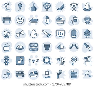 Blue tint and shade editable vector line icon set - snowmobile vector, flag garland, pennant, statistic monitor, water drop, bench, dropper, broken bone, counter, onion, traffic light, low battery