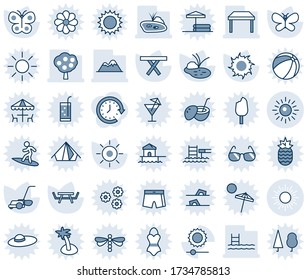 Blue tint and shade editable vector line icon set - sun vector, lawn mower, butterfly, pond, picnic table, brightness, pool, fruit tree, mountains, clock around, sunglasses, drink, coconut cocktail