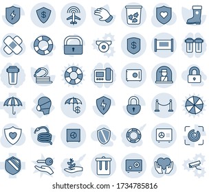 Blue tint and shade editable vector line icon set - fence vector, trash bin, plane radar, officer window, safe, glove, boot, hose, patch, heart shield, hand, medical mask, umbrella, protect, lock