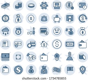 Blue tint and shade editable vector line icon set - money bag vector, currency, dollar coin, cash, rain, safe, smile, atm, calendar, flag, pay, encashment, wallet, purse, search, piggy bank, time