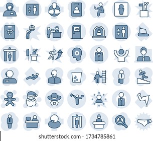 Tinta azul y sombra editable conjunto de iconos de línea vector - vector de despachador, puerta de seguridad, ascensor, macho, recepción, sala médica, control de pasaportes, detector de metales, santa claus, hombre de tartas, gerente, lugar