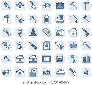 Blue tint and shade editable vector line icon set - border cone vector, airport building, baggage room, office, trowel, wheelbarrow, saw, house, with garage, tree, plan, estate document, sweet home