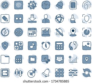 Blue tint and shade editable vector line icon set - menu vector, update, gallery, protect, tuning, themes, user, calculator, clock, alarm, bell, mail, record, scanner, sim, network, folder, calendar