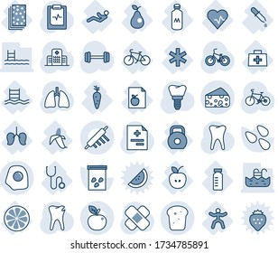 Blue tint and shade editable vector line icon set - seeds vector, diagnosis, patch, barbell, bike, lungs, tooth, caries, implant, pulse clipboard, hospital, heart, doctor bag, diet list, apple, vial