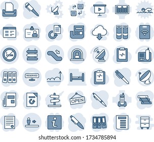 Blue tint and shade editable vector line icon set - escalator vector, reception, down, no smoking sign, post, identity card, book, pen, document, reload, pulse clipboard, office phone, barcode, news