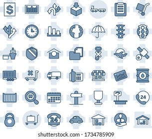 Blue tint and shade editable vector line icon set - baggage trolley vector, truck, route, signpost, earth, store, plane, satellite, traffic light, office phone, 24 hours, client, trailer, clock, no