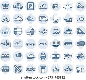 Blue tint and shade editable vector line icon set - plane vector, airport tower, departure, bus, parking, train, waiting area, fork loader, ladder car, arrival, baggage, safety, truck, trap, trailer
