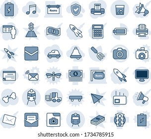 Blue tint and shade editable vector line icon set - train vector, trash, fork loader, garden, broken bone, cash, traffic light, camera, monitor, mail, photo gallery, battery, printer, rooms, bell