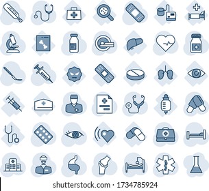 Tinta azul y sombra editable conjunto de íconos vectoriales - vector de pulso cardíaco, caso médico, diagnóstico, estetoscopio, jeringa, termómetro, microscopio, píldoras, frasco, ampolla, cuero cabelludo, parche, ojo